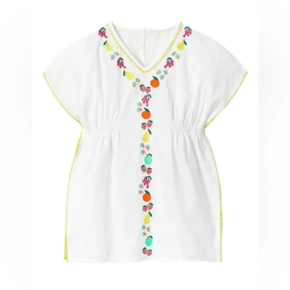 Mini Boden Fruit Embroidered Cover‎ Up 11-12 White Cotton Kaftan Girls Vacation